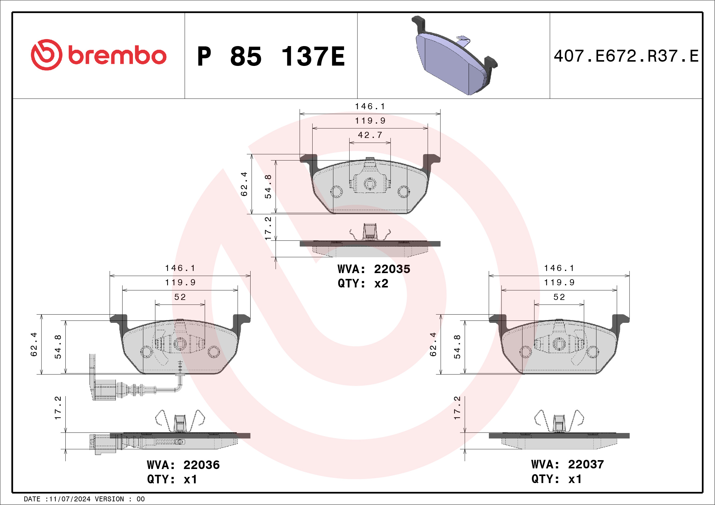 Jogo de 4 pastilhas de travão BREMBO ref. P 85 137E
