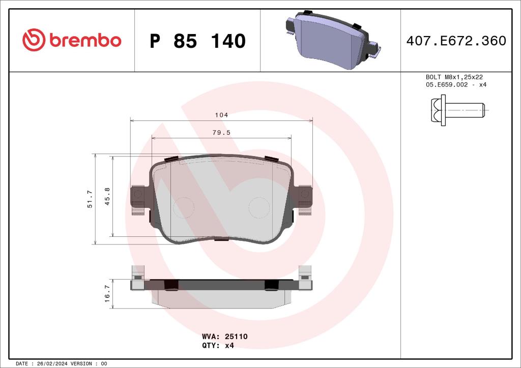 Jogo de 4 pastilhas de travão BREMBO ref. P 85 140