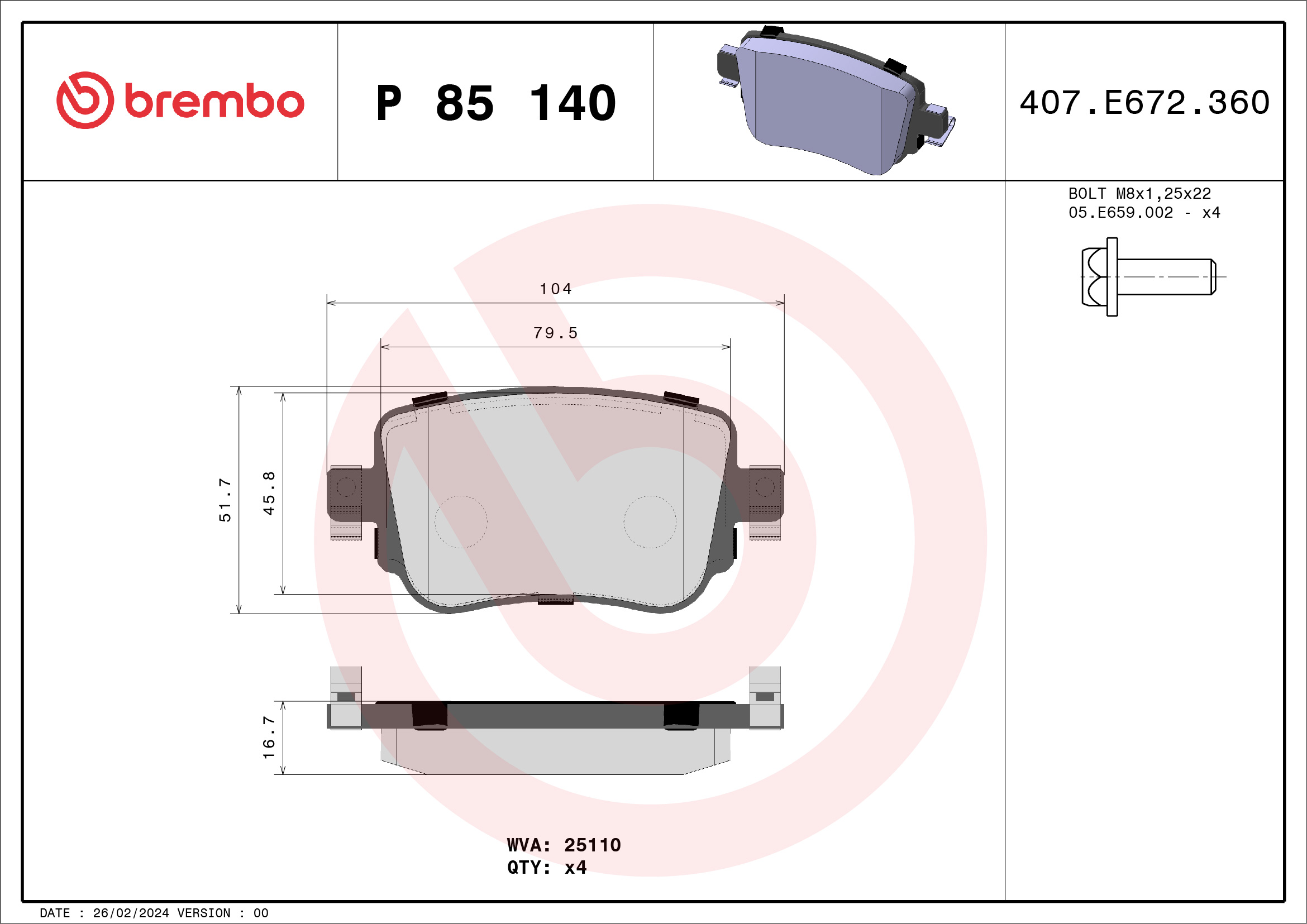 Jogo de 4 pastilhas de travão BREMBO ref. P 85 140
