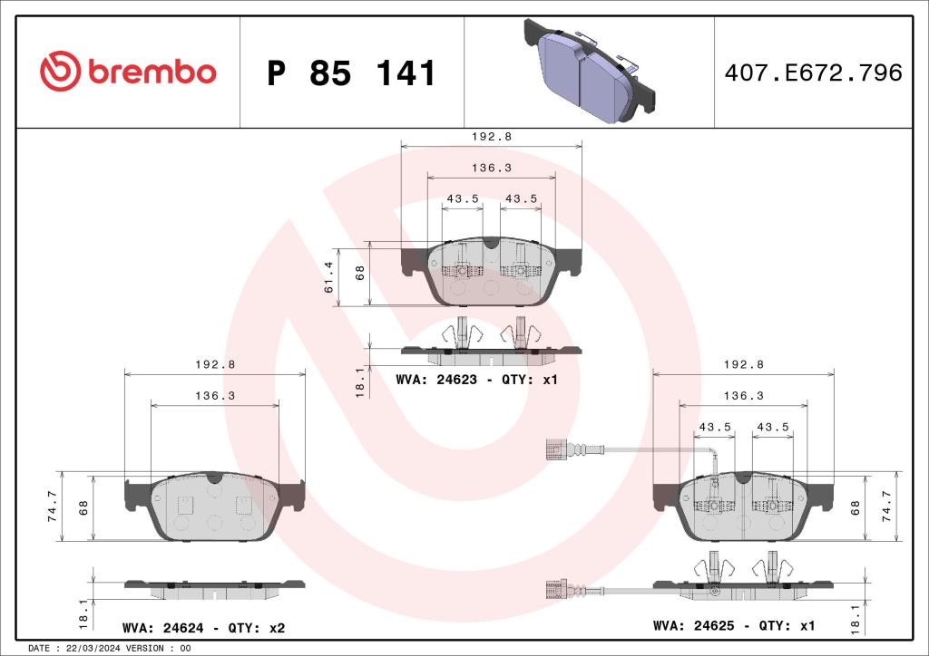 Jogo de 4 pastilhas de travão BREMBO ref. P 85 141