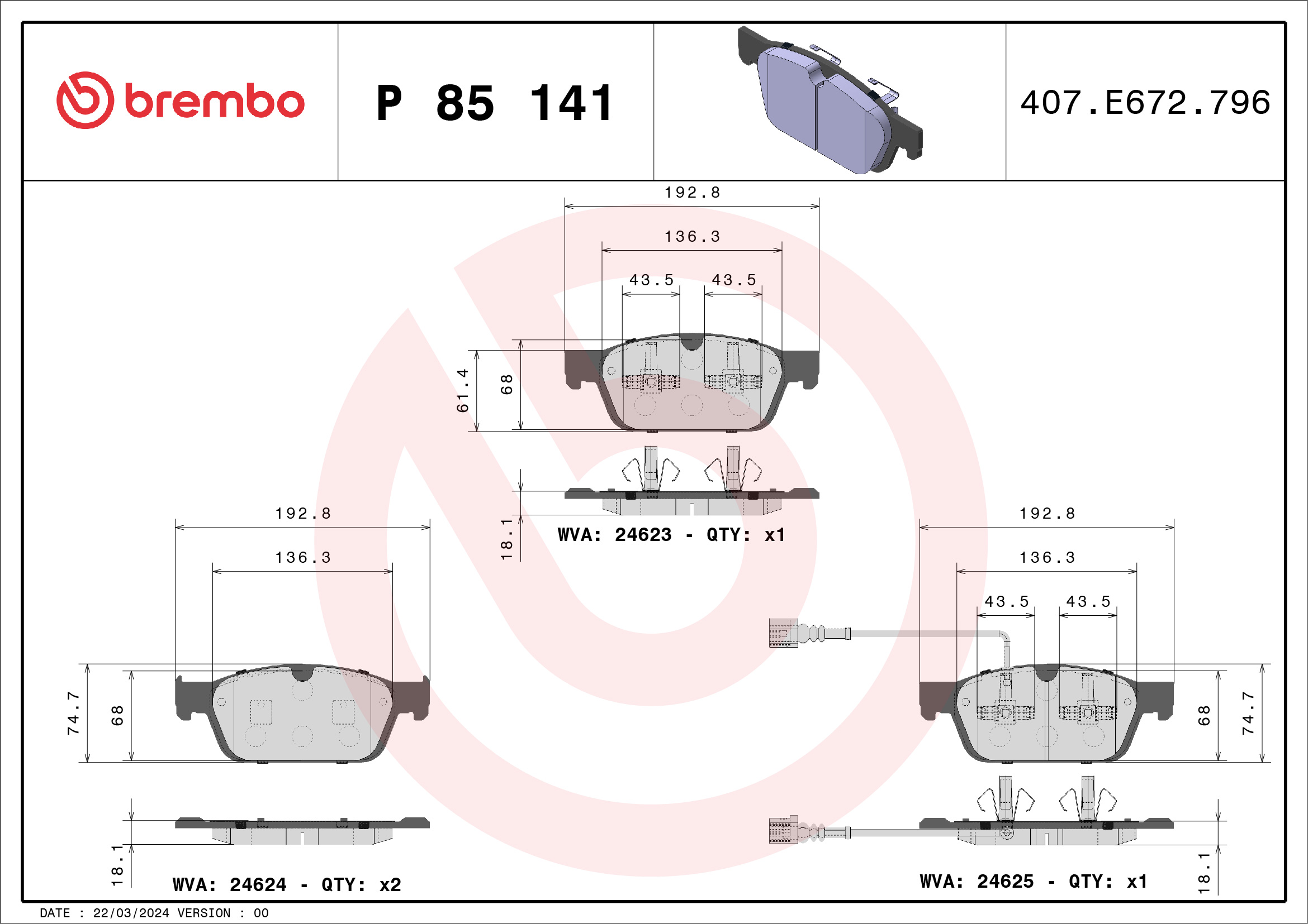 Jogo de 4 pastilhas de travão BREMBO ref. P 85 141