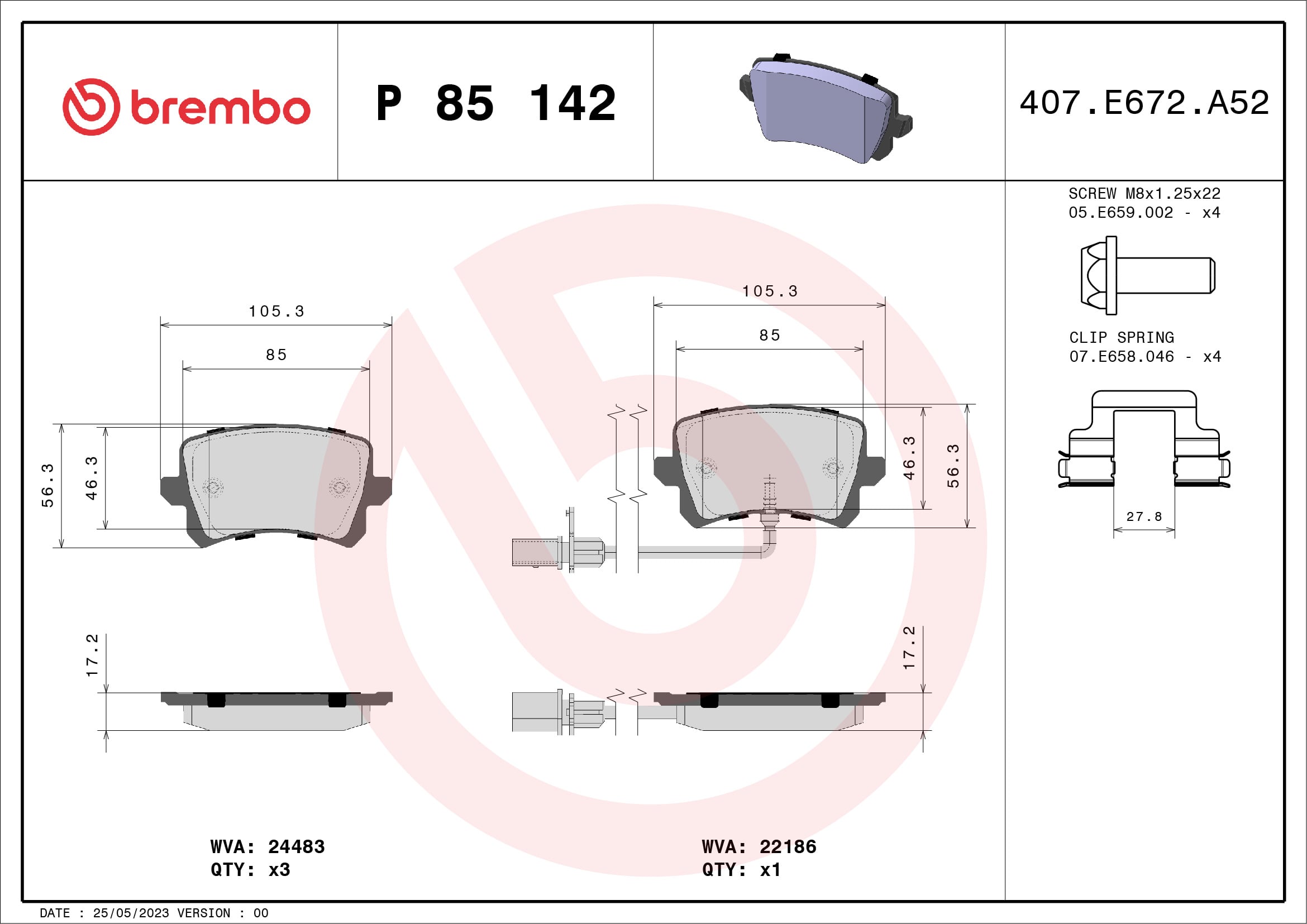 Jeu de 4 plaquettes de frein BREMBO ref. P 85 142
