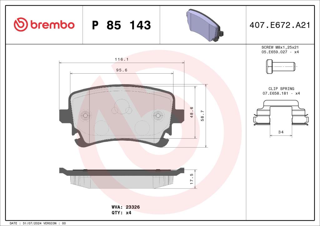 Jeu de 4 plaquettes de frein BREMBO ref. P 85 143