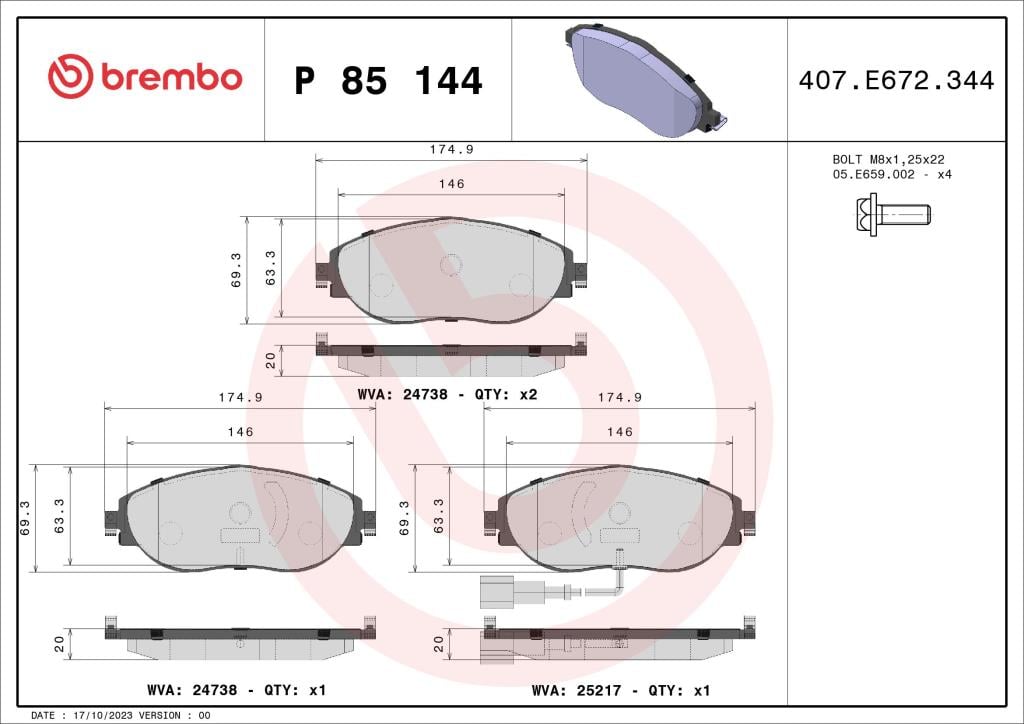 Jogo de 4 pastilhas de travão BREMBO ref. P 85 144X