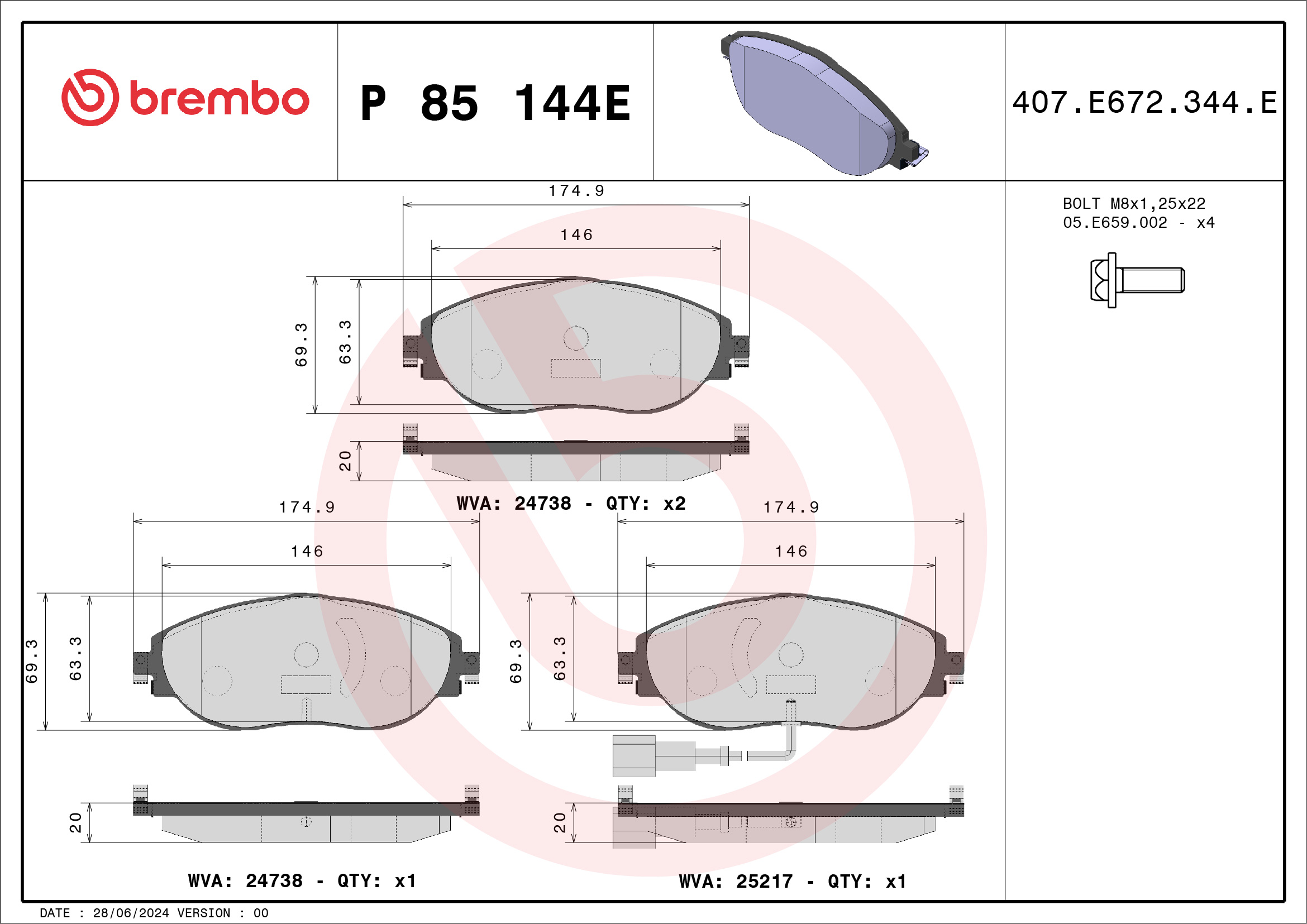 Jeu de 4 plaquettes de frein BREMBO ref. P 85 144E