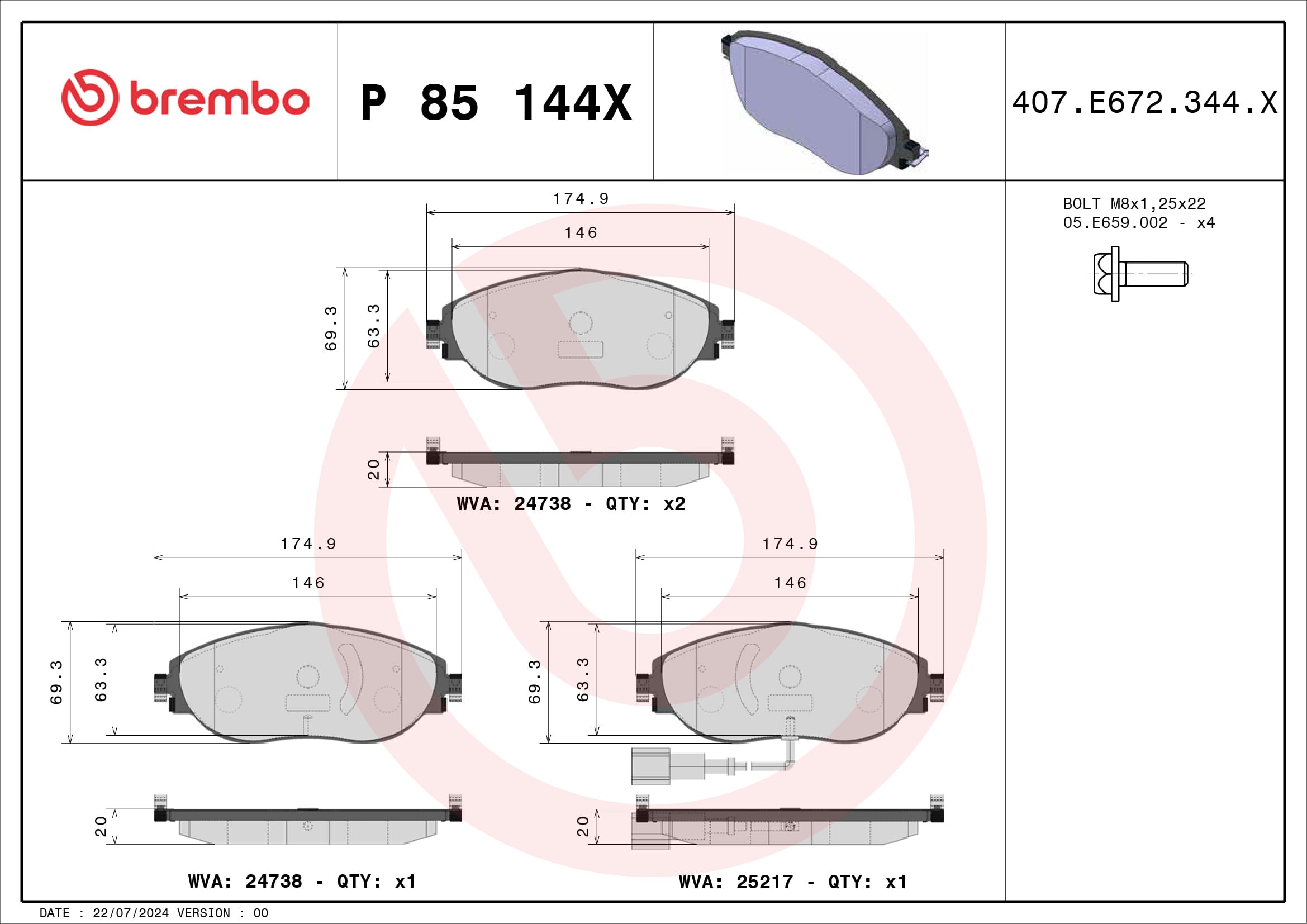 Jogo de 4 pastilhas de travão BREMBO ref. P 85 144X