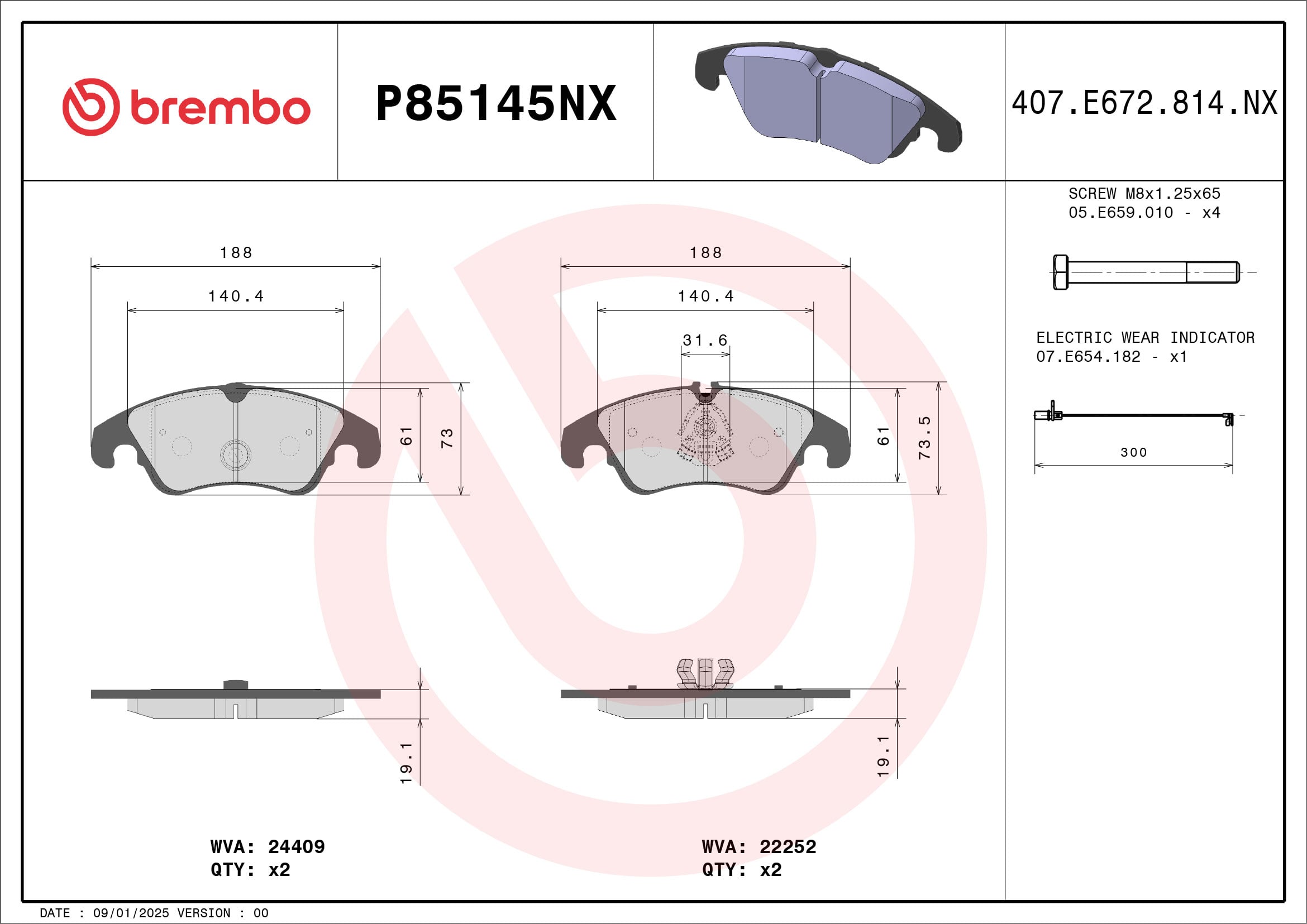 Jogo de 4 pastilhas de travão BREMBO ref. P85145NX