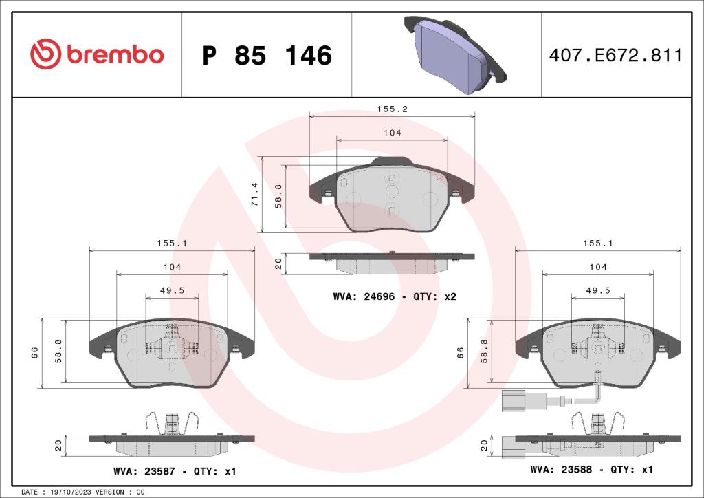 Jeu de 4 plaquettes de frein BREMBO ref. P 85 146