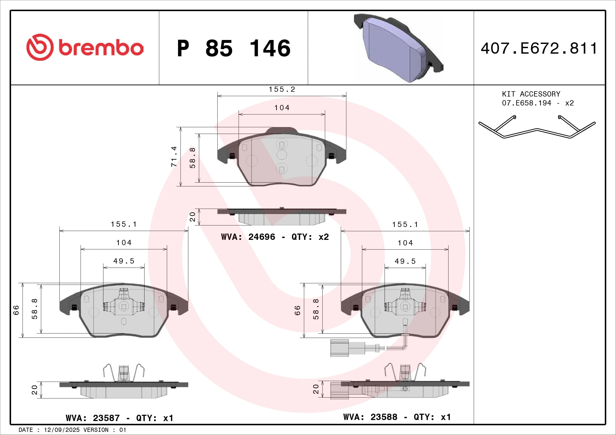 Jeu de 4 plaquettes de frein BREMBO ref. P 85 146