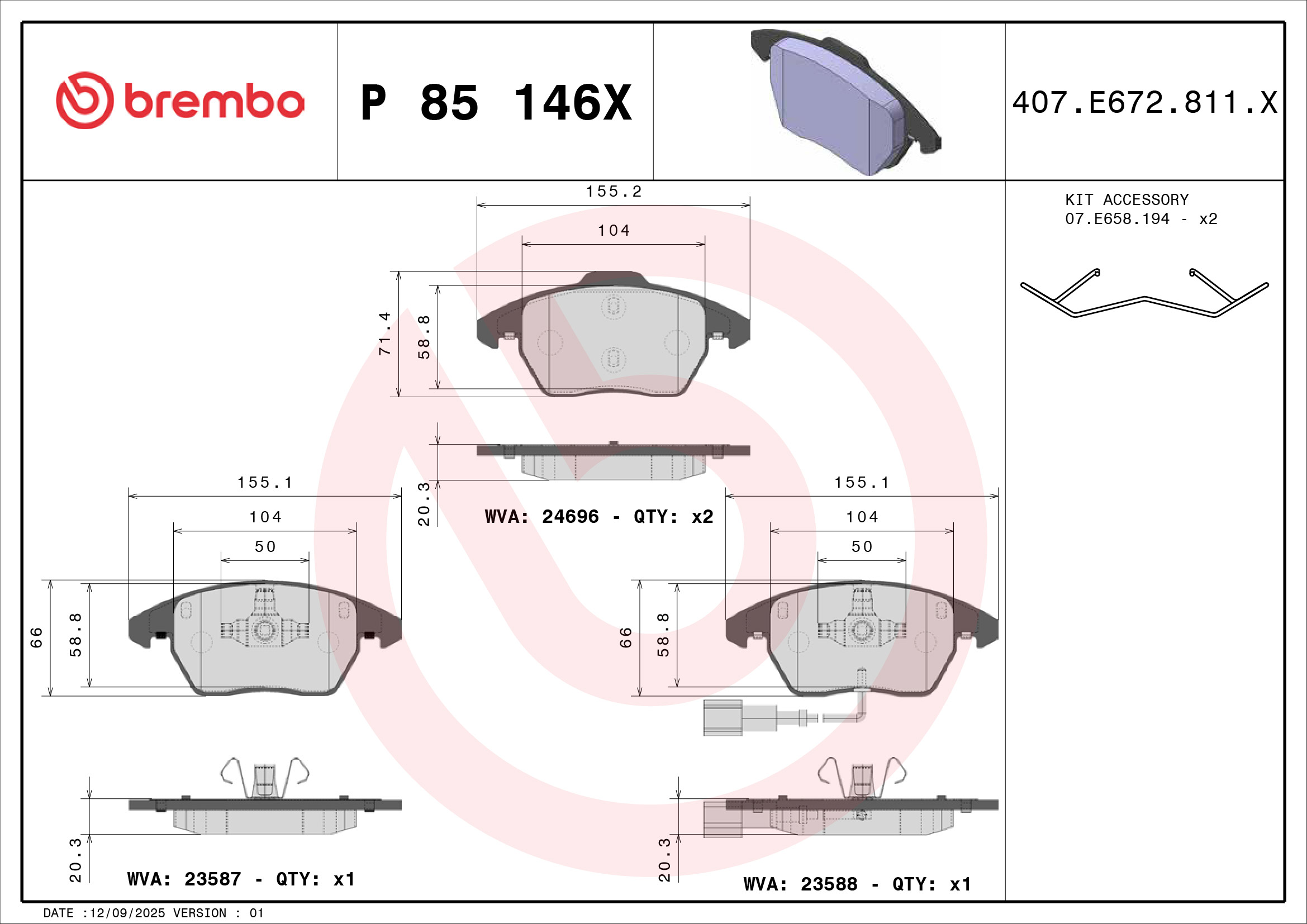 Jogo de 4 pastilhas de travão BREMBO ref. P 85 146X