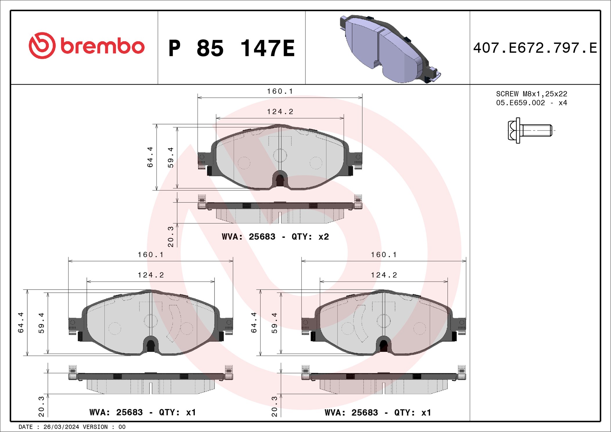 Jogo de 4 pastilhas de travão BREMBO ref. P 85 147E