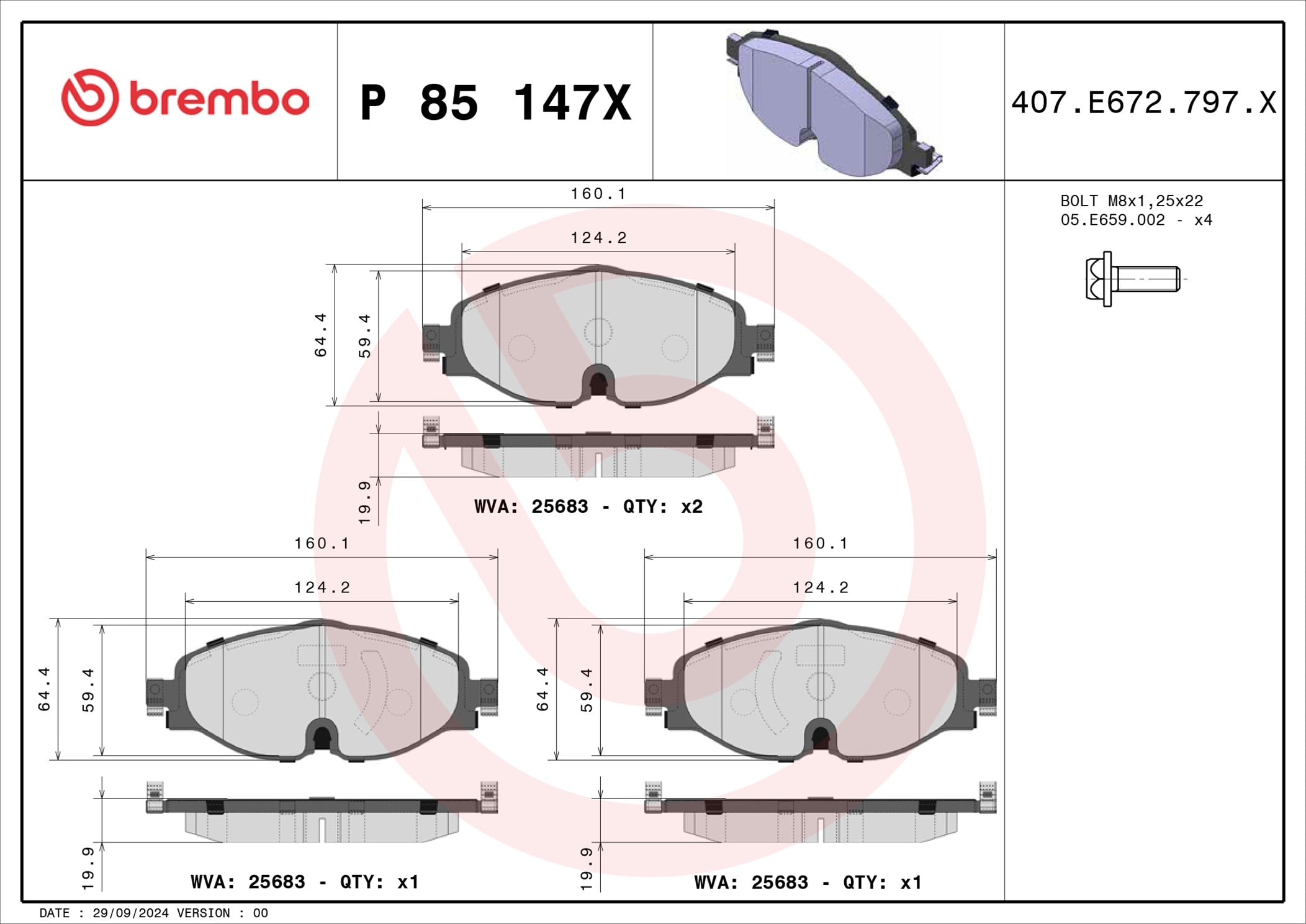 Jogo de 4 pastilhas de travão BREMBO ref. P 85 147X