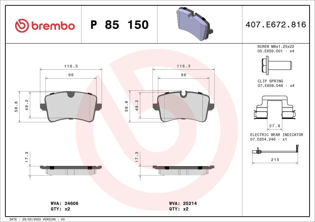 Jeu de 4 plaquettes de frein BREMBO ref. P 85 150