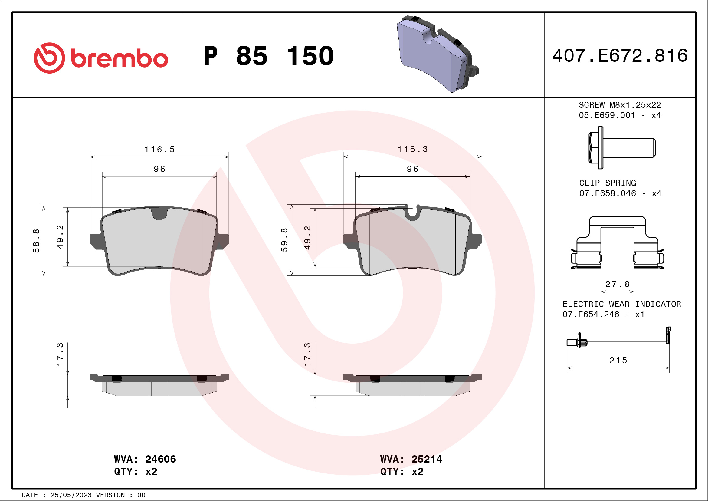 Jeu de 4 plaquettes de frein BREMBO ref. P 85 150