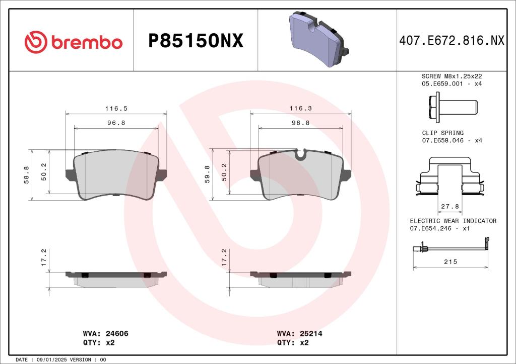 Jogo de 4 pastilhas de travão BREMBO ref. P85150NX