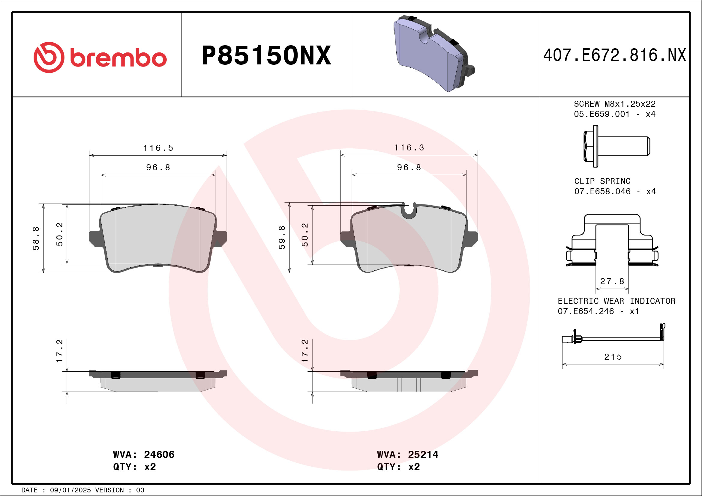 Jogo de 4 pastilhas de travão BREMBO ref. P85150NX