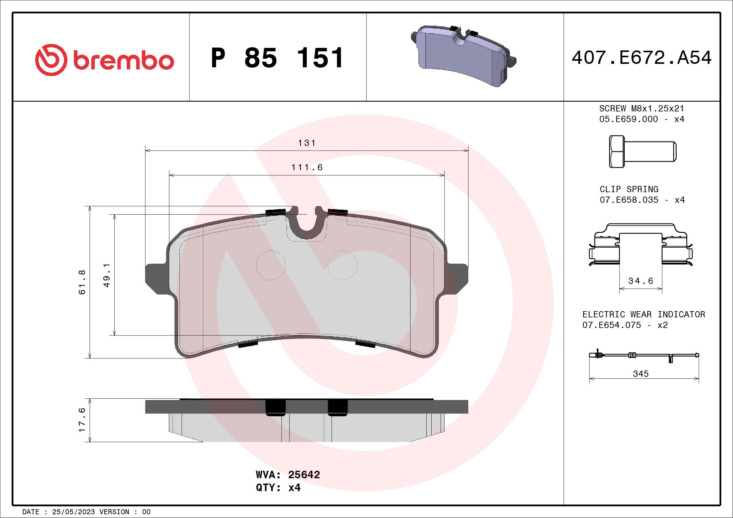 Jeu de 4 plaquettes de frein BREMBO ref. P 85 151
