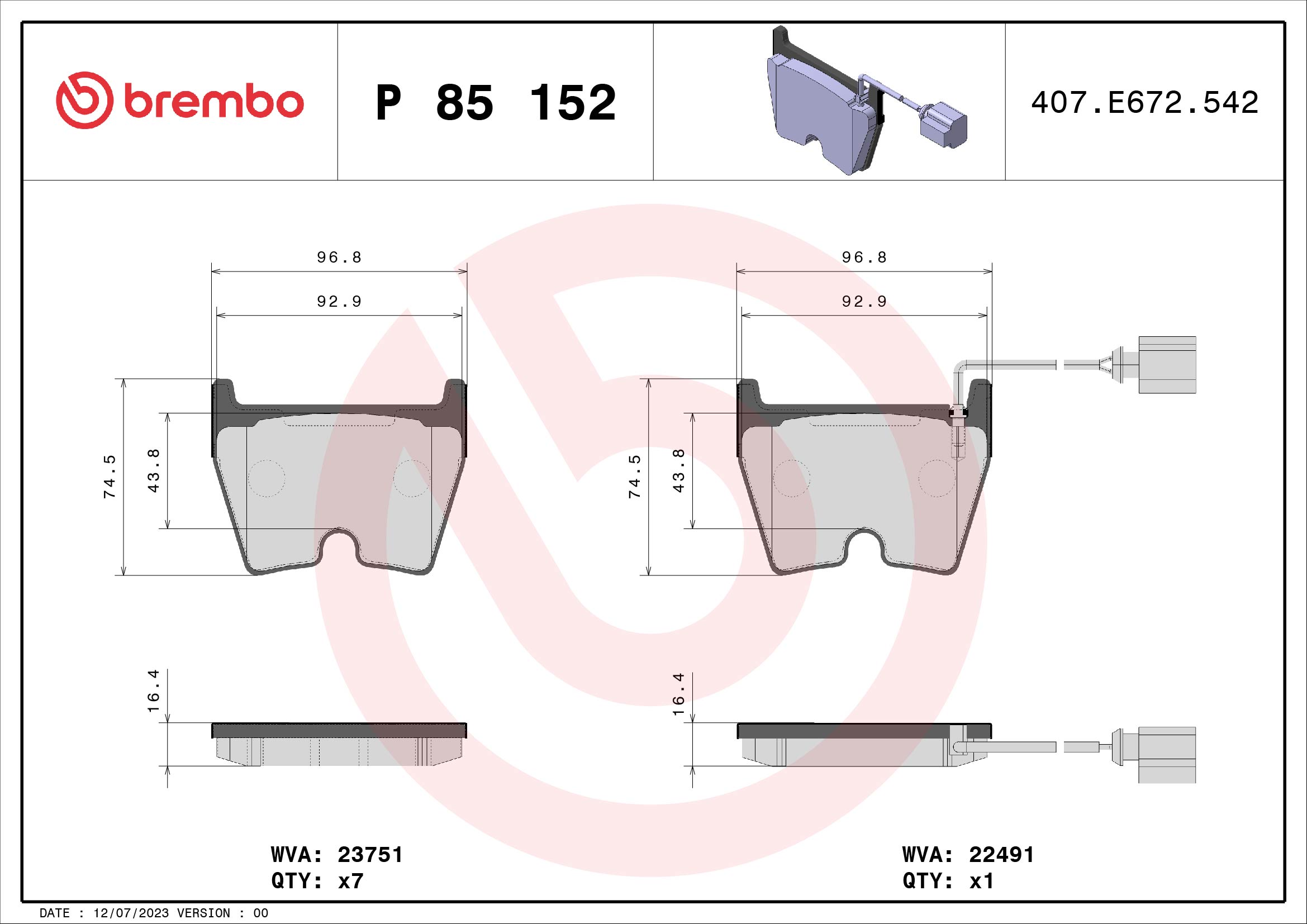 Jeu de 4 plaquettes de frein BREMBO ref. P 85 152