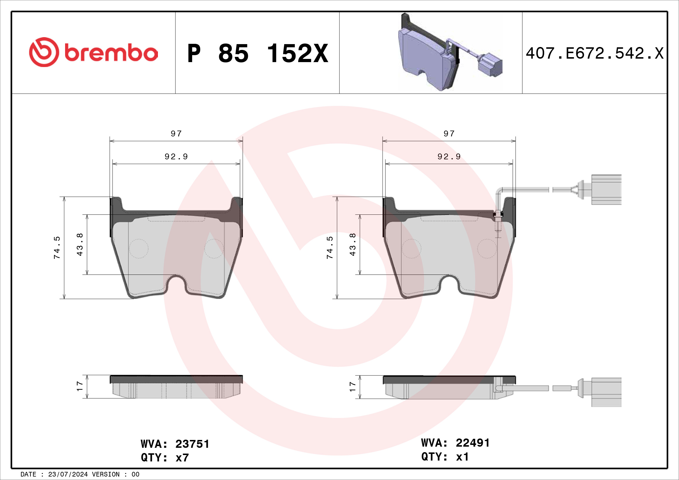Jogo de 4 pastilhas de travão BREMBO ref. P 85 152X