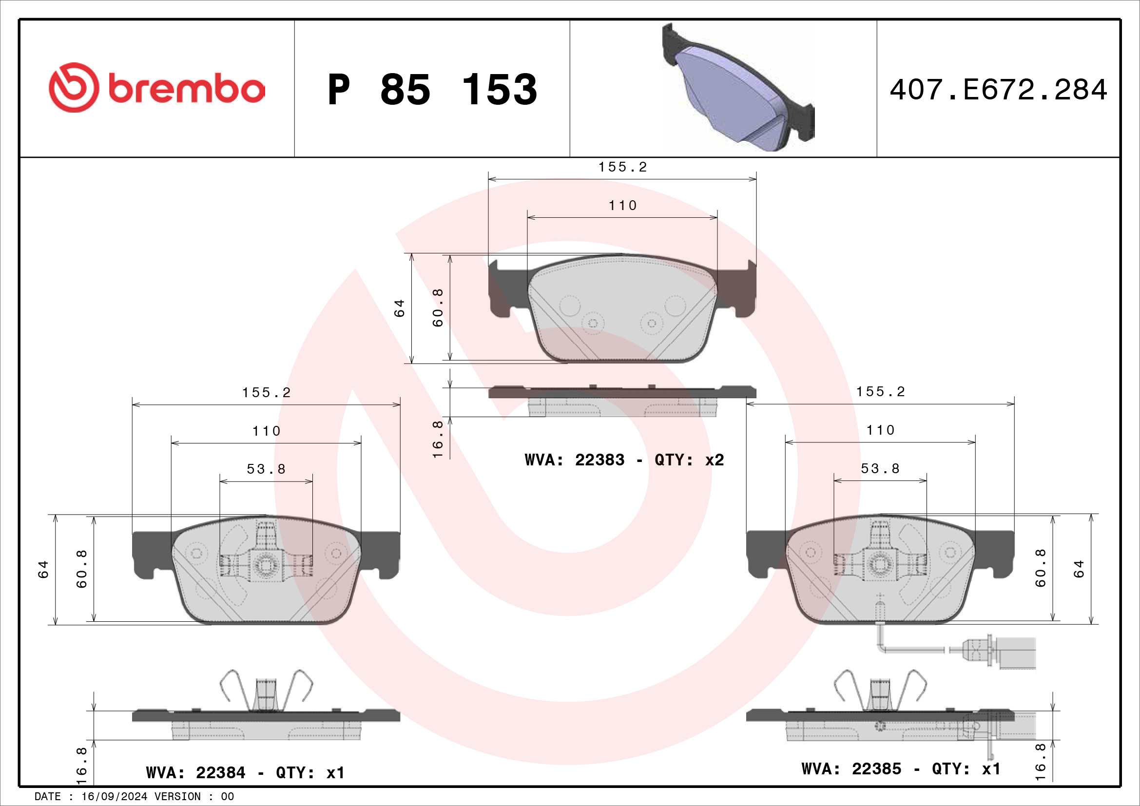 Jeu de 4 plaquettes de frein BREMBO ref. P 85 153