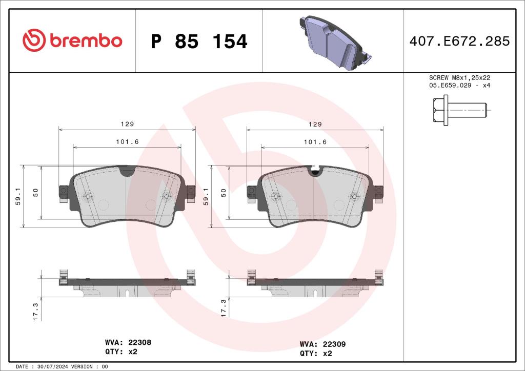 Jeu de 4 plaquettes de frein BREMBO ref. P 85 154