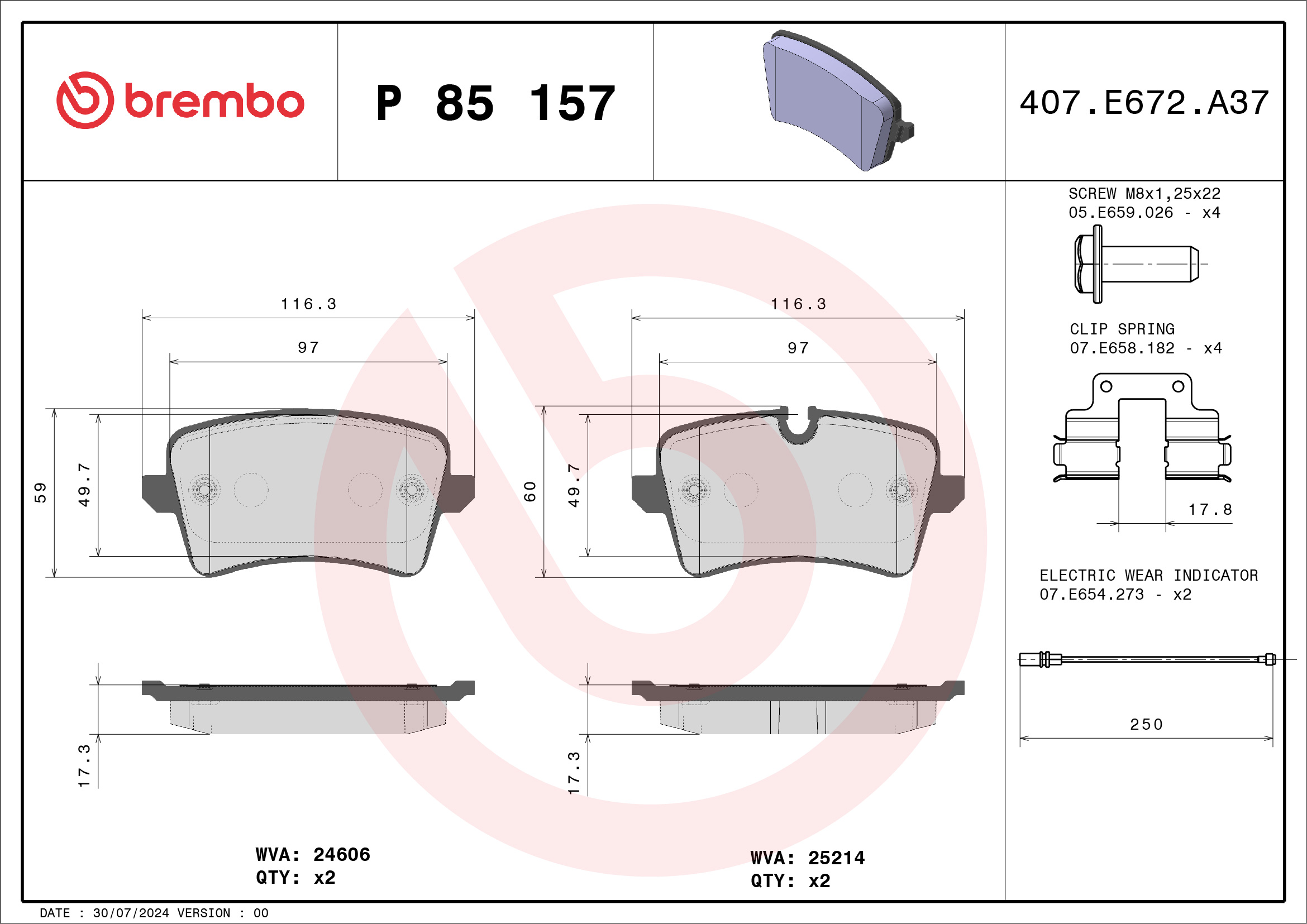 Jeu de 4 plaquettes de frein BREMBO ref. P 85 157