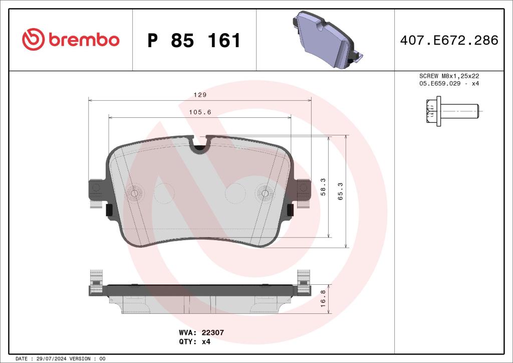 Jogo de 4 pastilhas de travão BREMBO ref. P 85 161