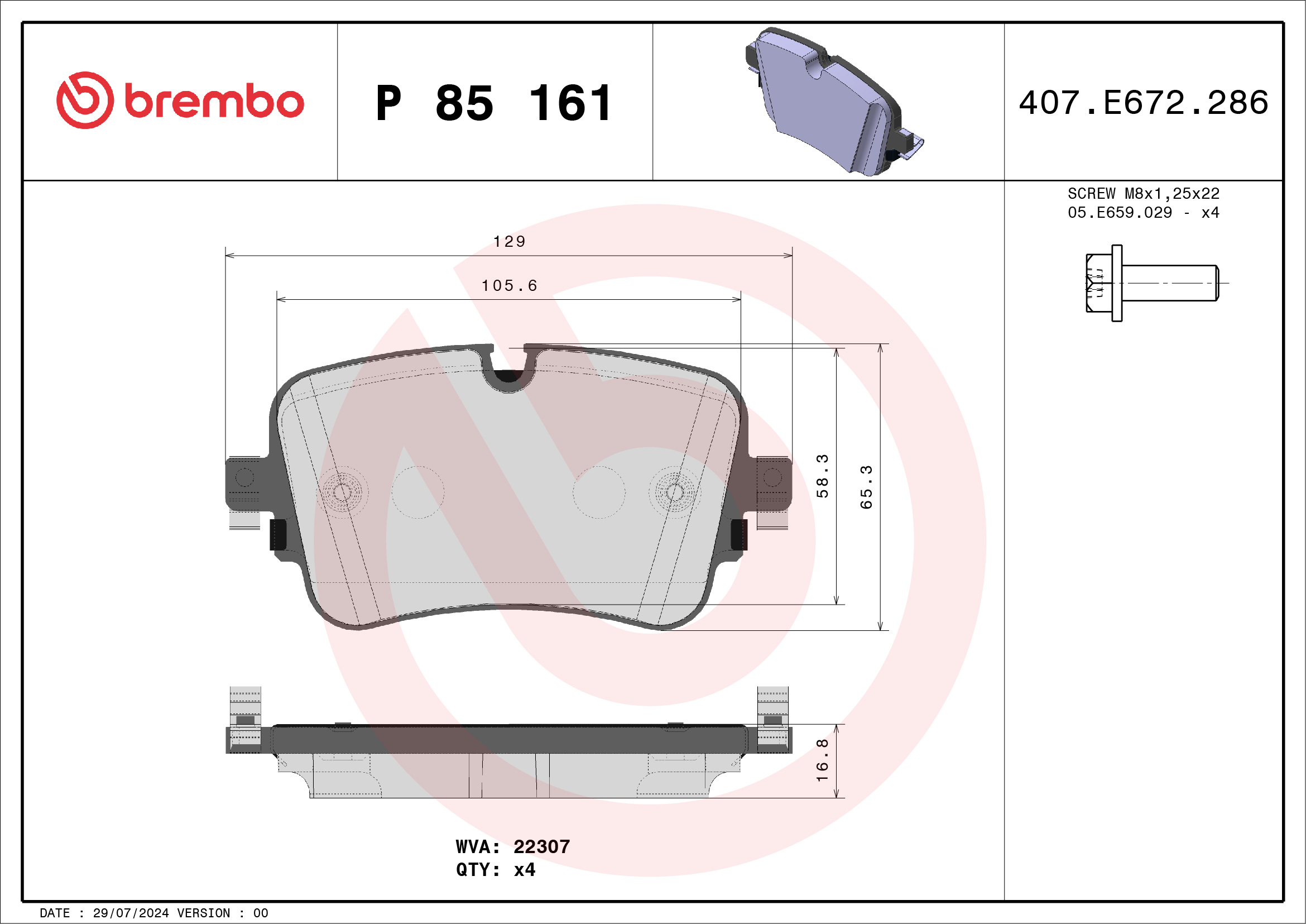 Jogo de 4 pastilhas de travão BREMBO ref. P 85 161