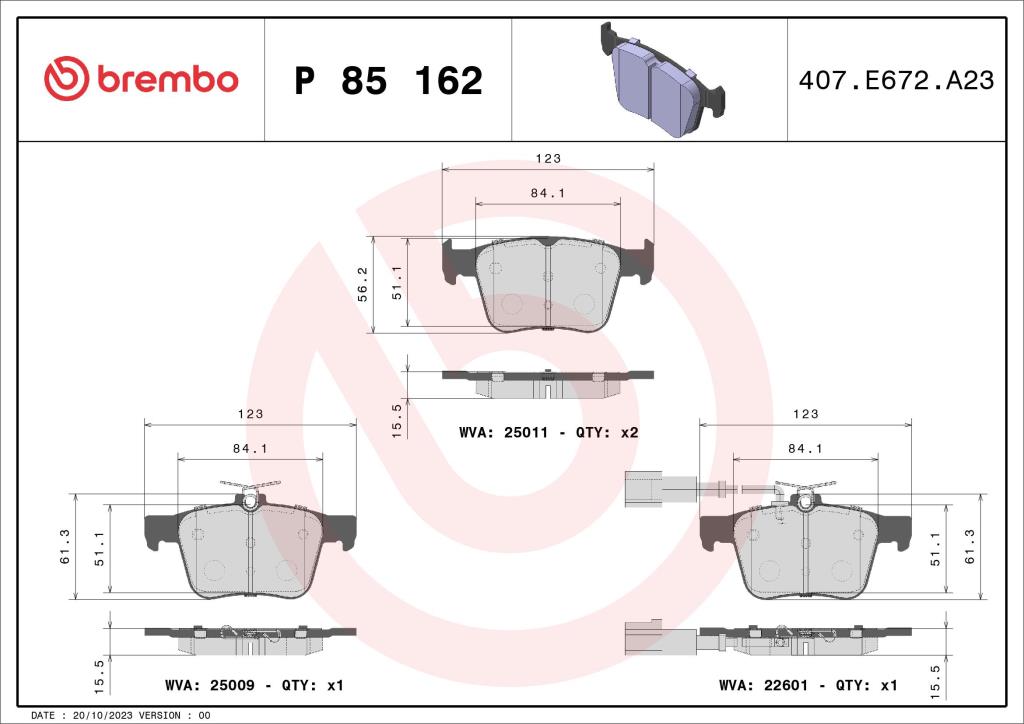 Jogo de 4 pastilhas de travão BREMBO ref. P 85 162