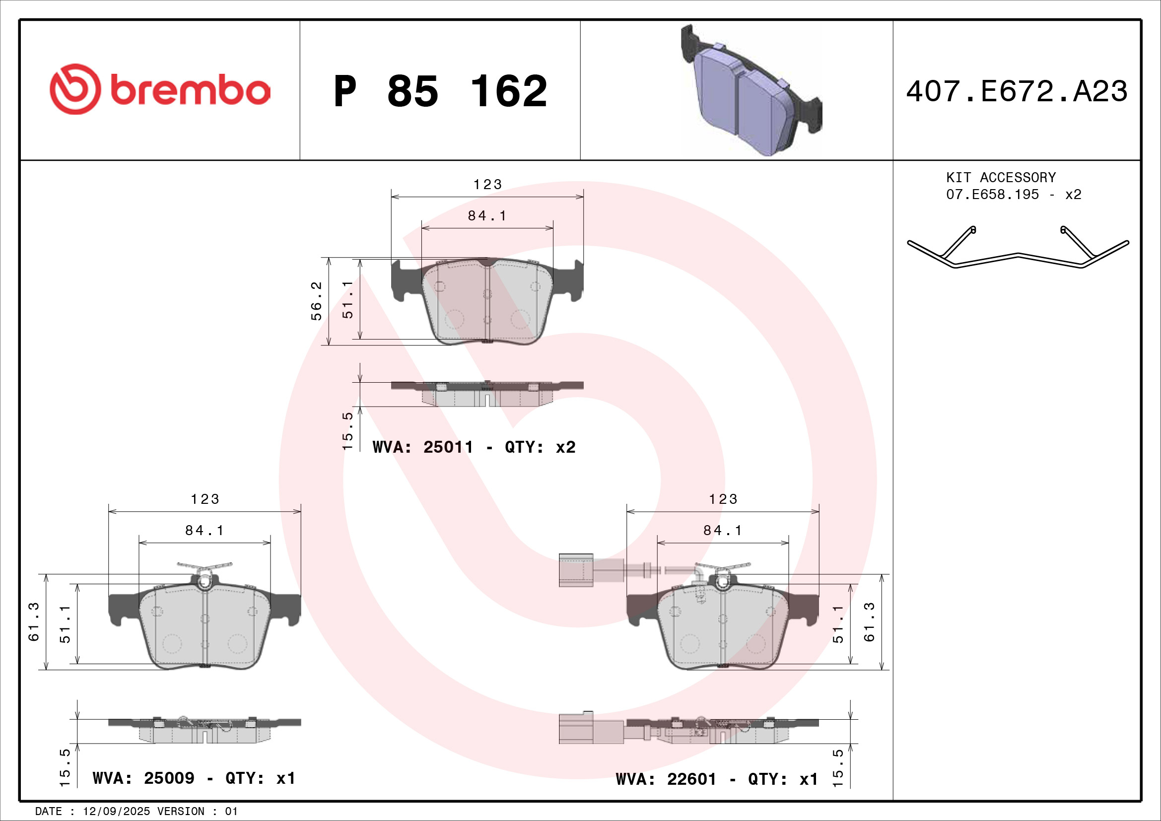 Jogo de 4 pastilhas de travão BREMBO ref. P 85 162
