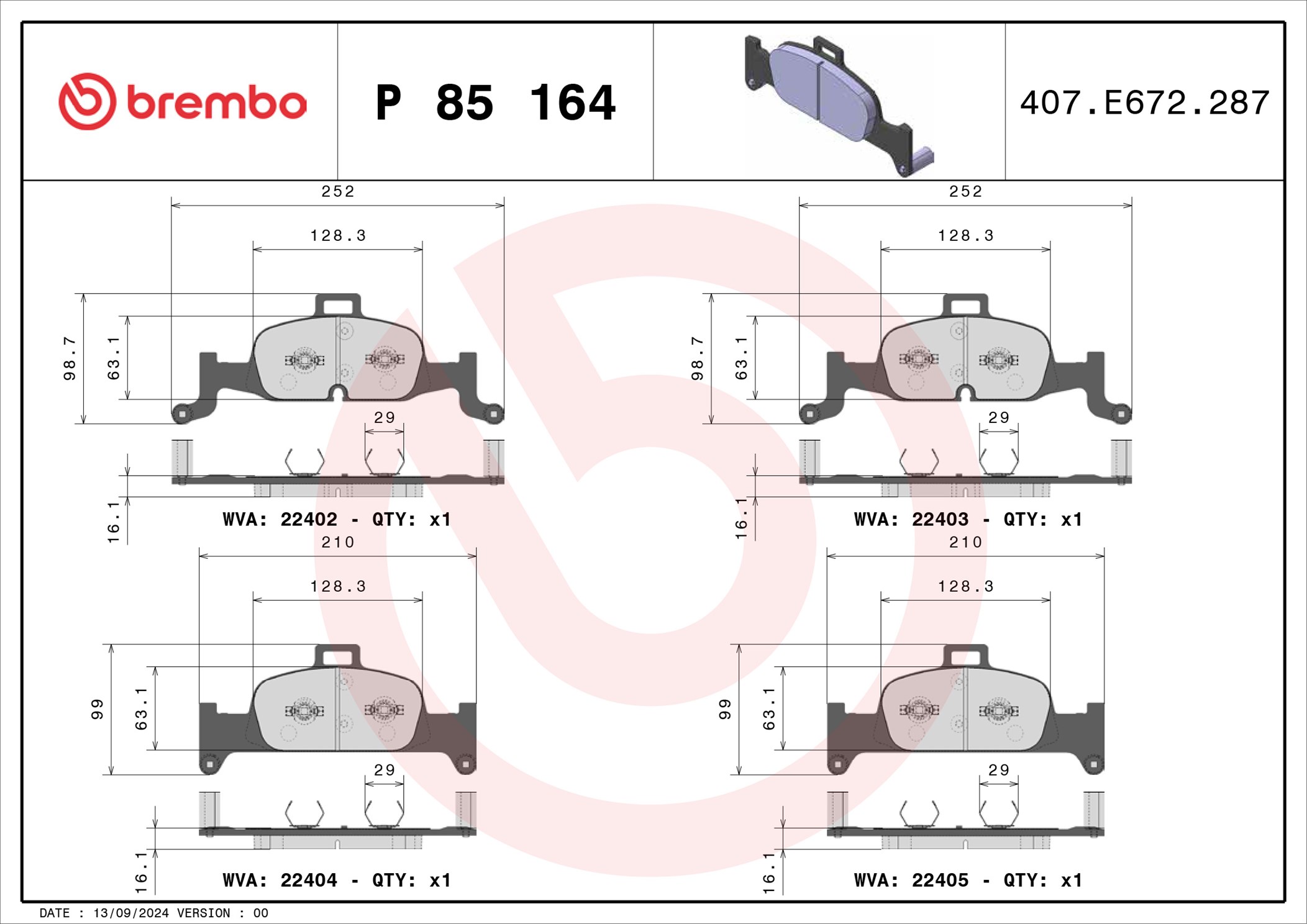 Jogo de 4 pastilhas de travão BREMBO ref. P 85 164