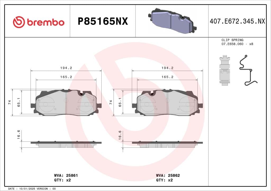 Jogo de 4 pastilhas de travão BREMBO ref. P85165NX