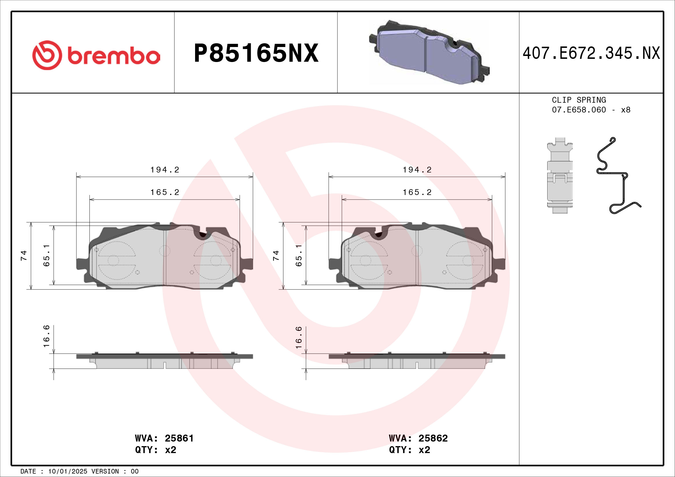 Jogo de 4 pastilhas de travão BREMBO ref. P85165NX