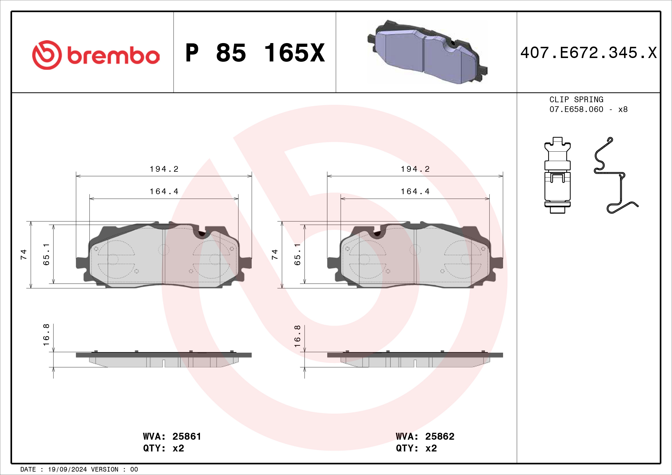 Jogo de 4 pastilhas de travão BREMBO ref. P 85 165X