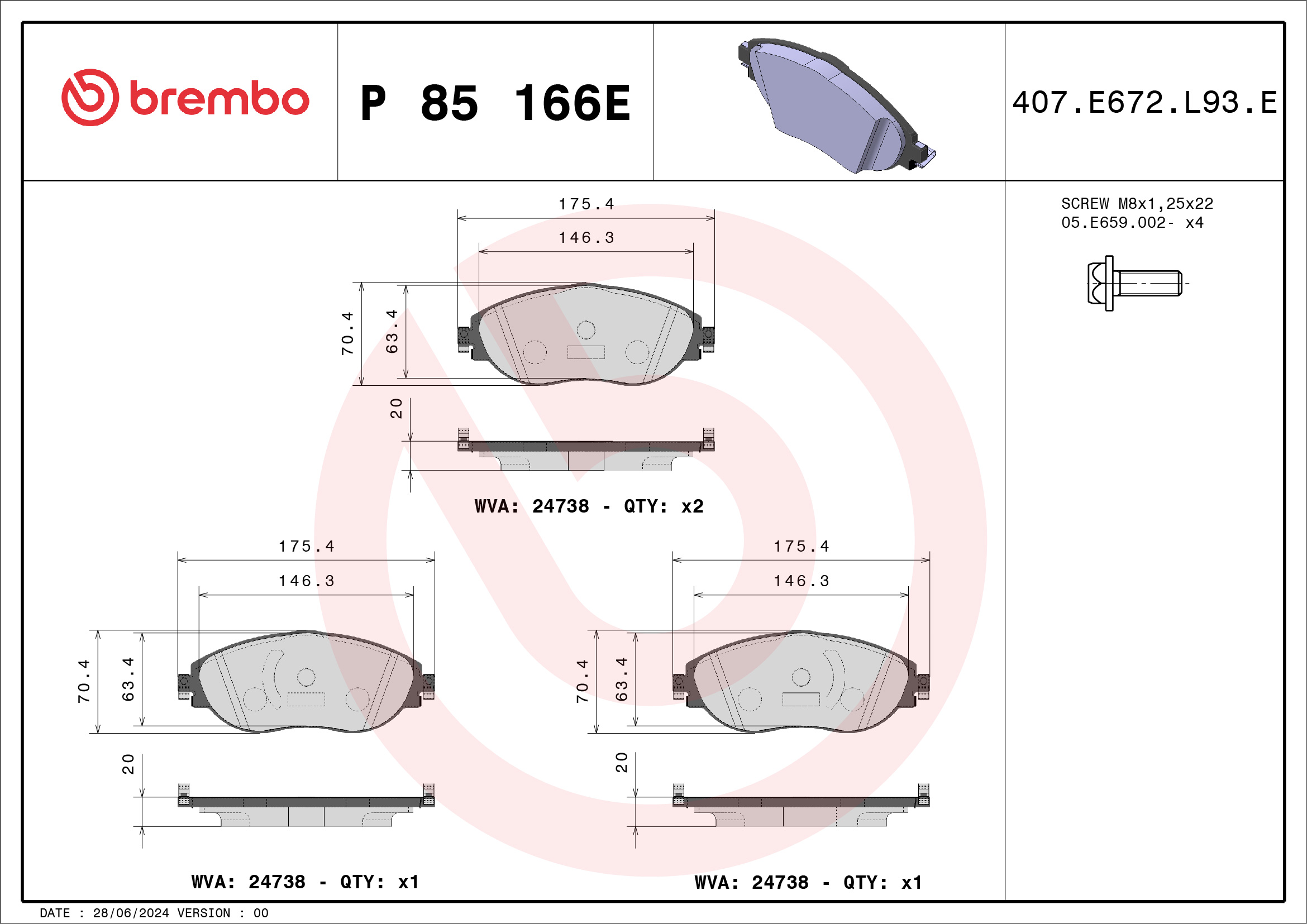 Jogo de 4 pastilhas de travão BREMBO ref. P 85 166E