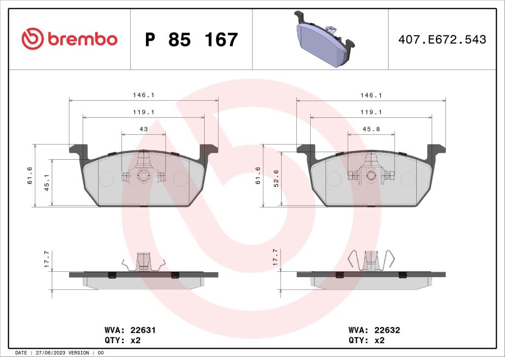 Jogo de 4 pastilhas de travão BREMBO ref. P 85 167