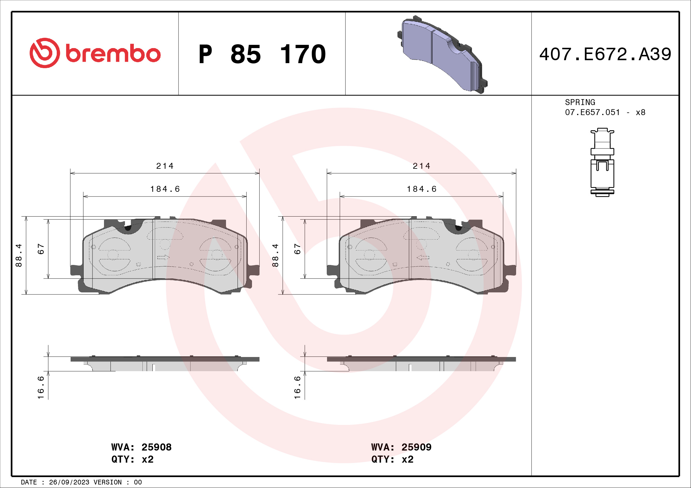 Jeu de 4 plaquettes de frein BREMBO ref. P 85 170