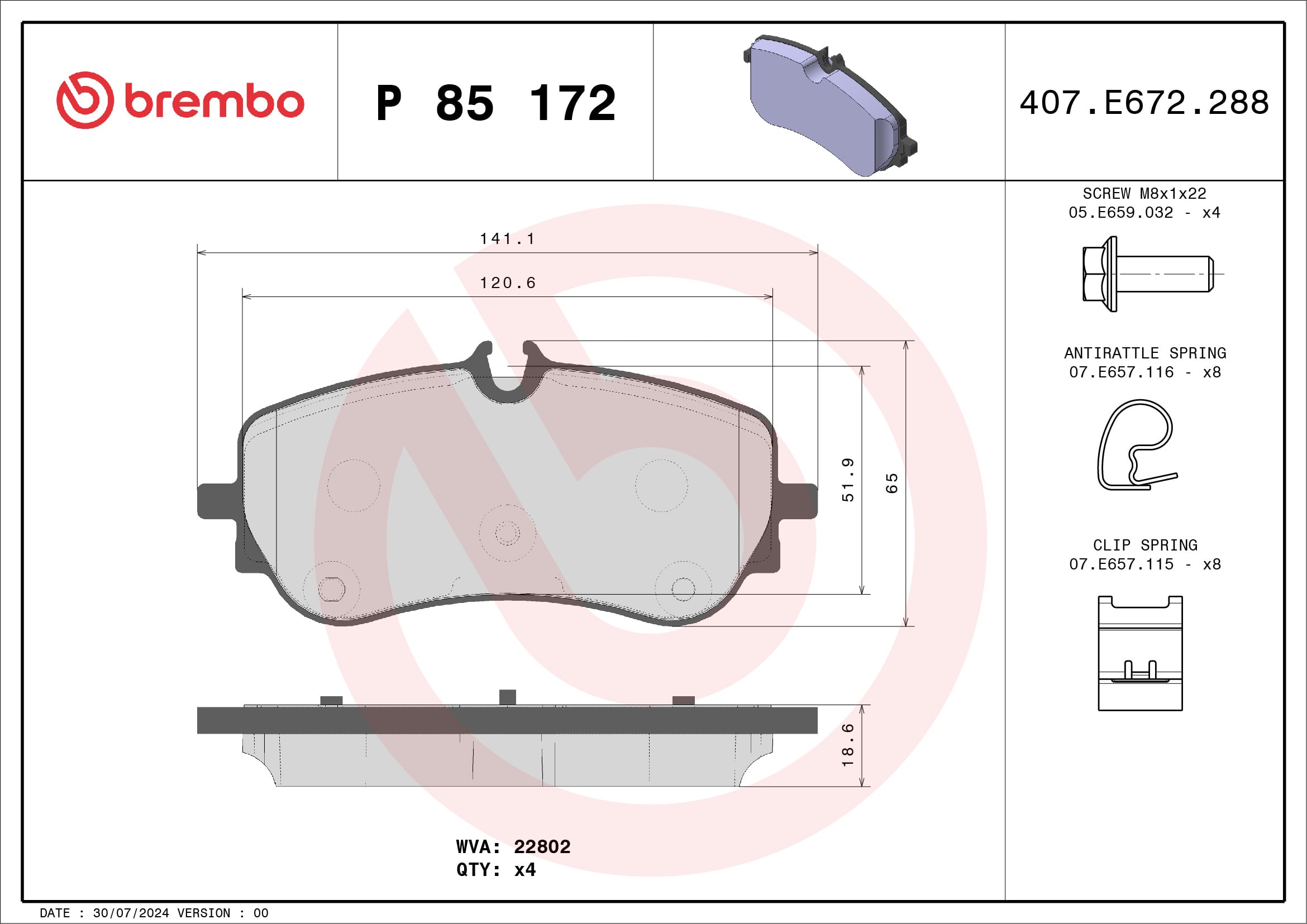 Jeu de 4 plaquettes de frein BREMBO ref. P 85 172