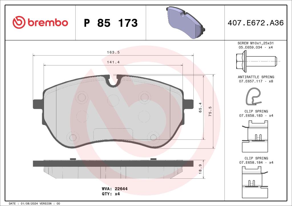 Jogo de 4 pastilhas de travão BREMBO ref. P 85 173
