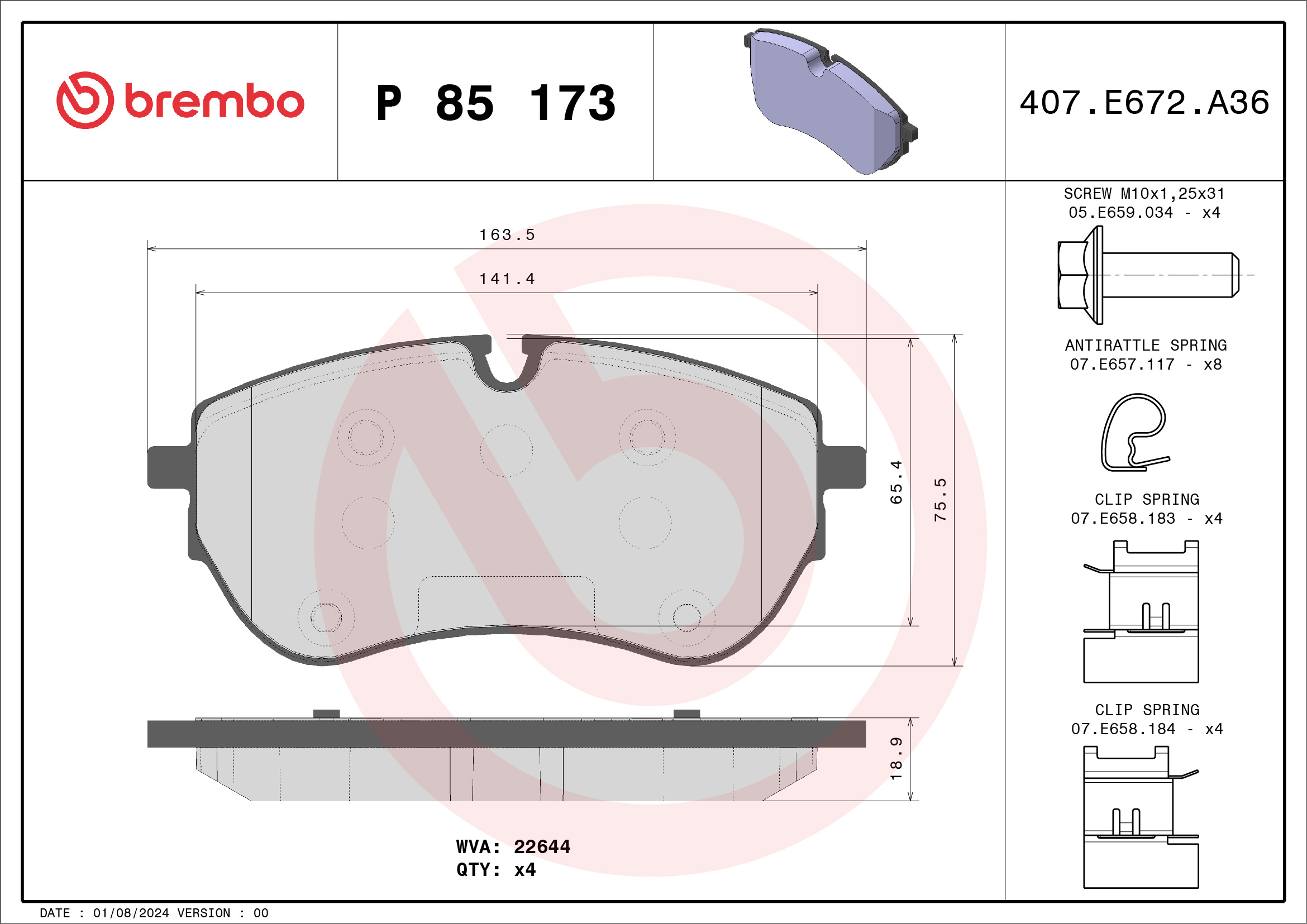 Jogo de 4 pastilhas de travão BREMBO ref. P 85 173