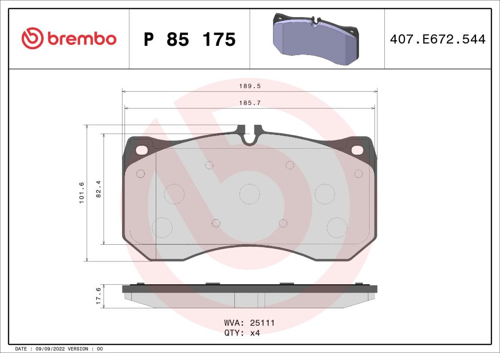Jogo de 4 pastilhas de travão BREMBO ref. P 85 175