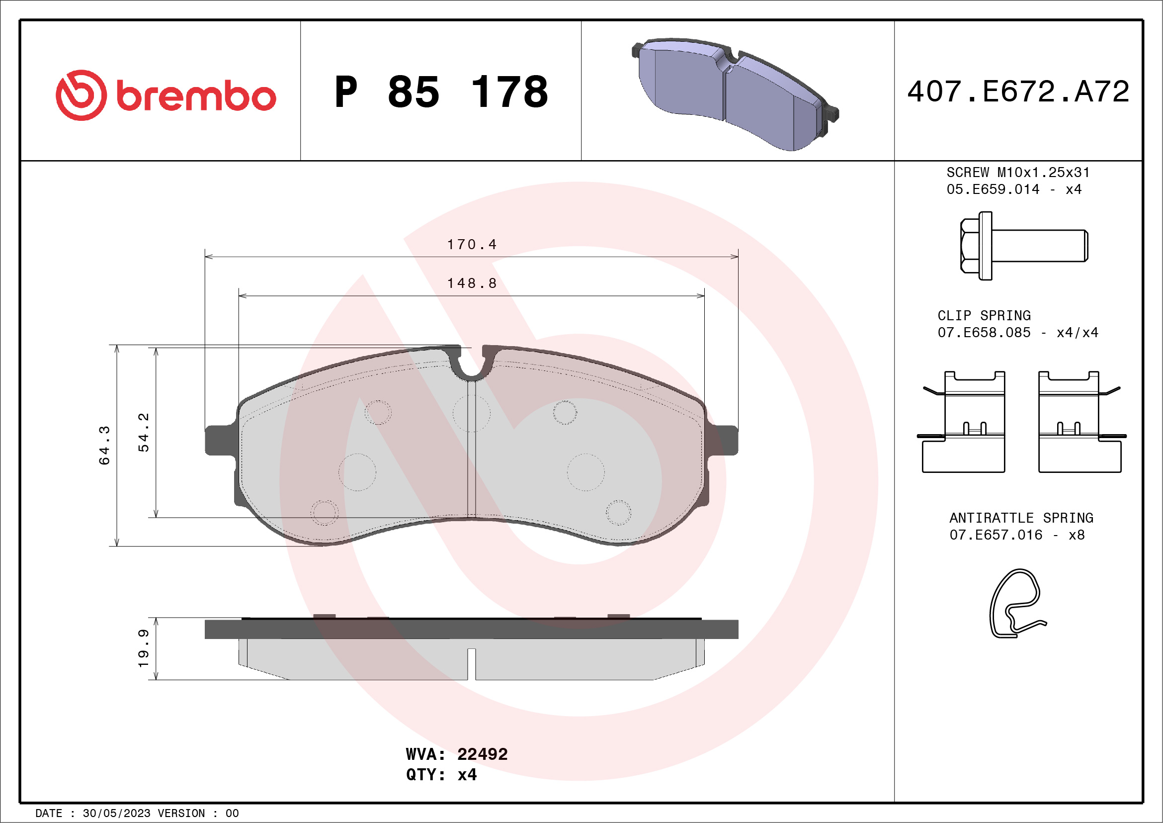 Jeu de 4 plaquettes de frein BREMBO ref. P 85 178
