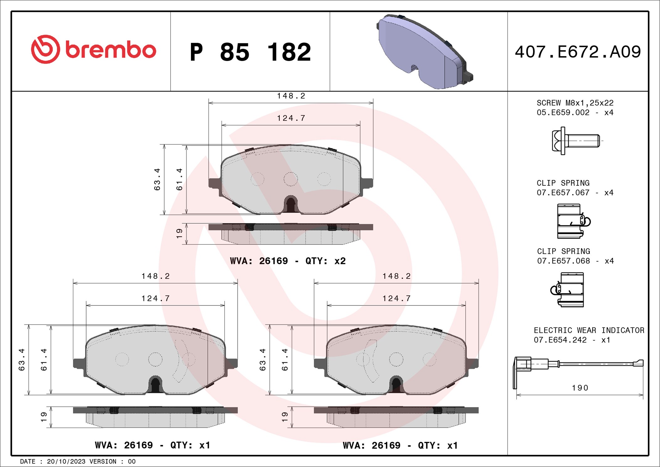 Jogo de 4 pastilhas de travão BREMBO ref. P 85 182