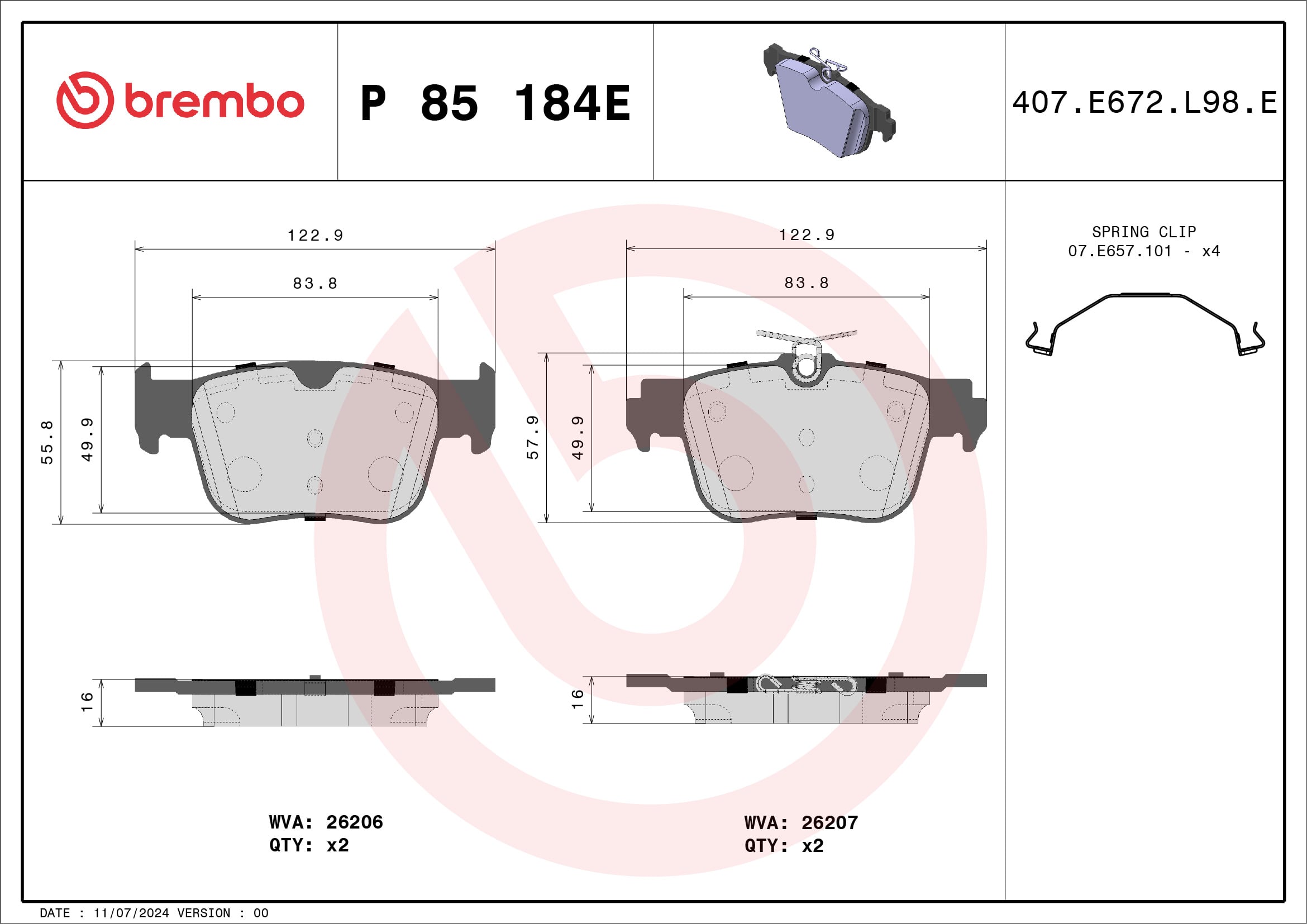 Jogo de 4 pastilhas de travão BREMBO ref. P 85 184E