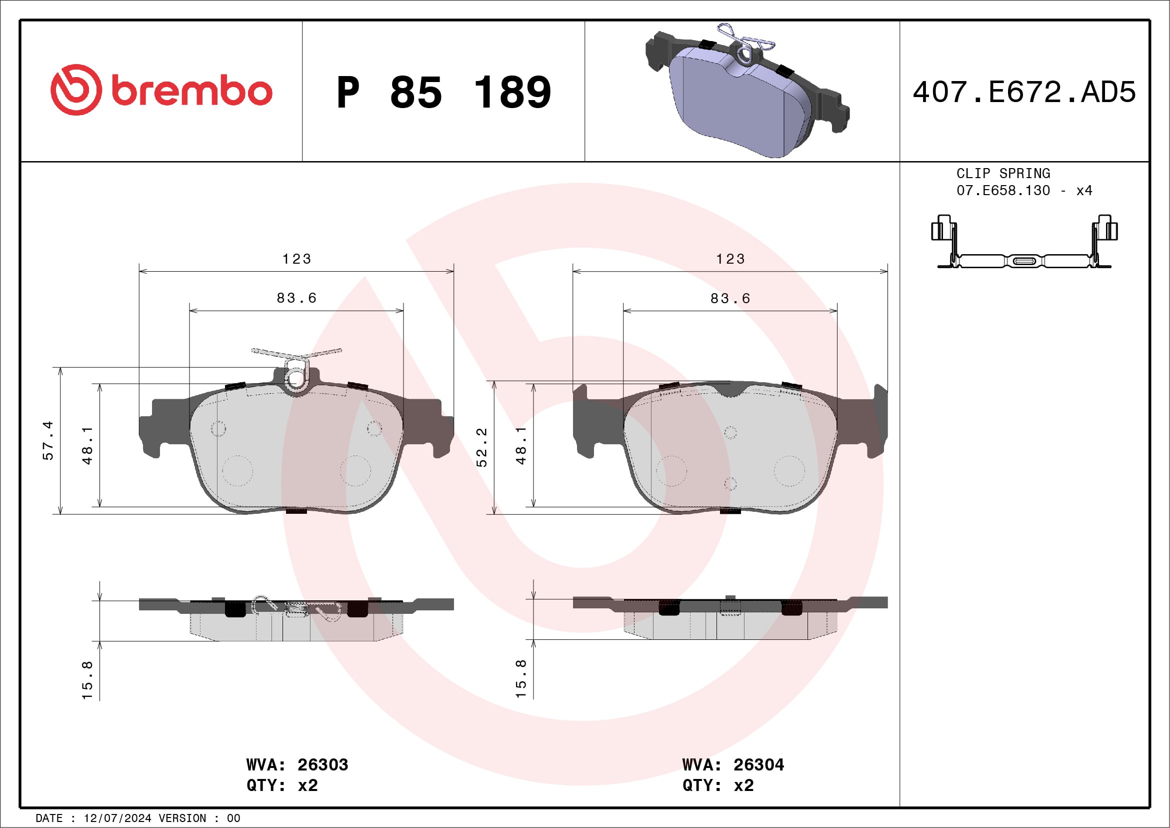 Jeu de 4 plaquettes de frein BREMBO ref. P 85 189