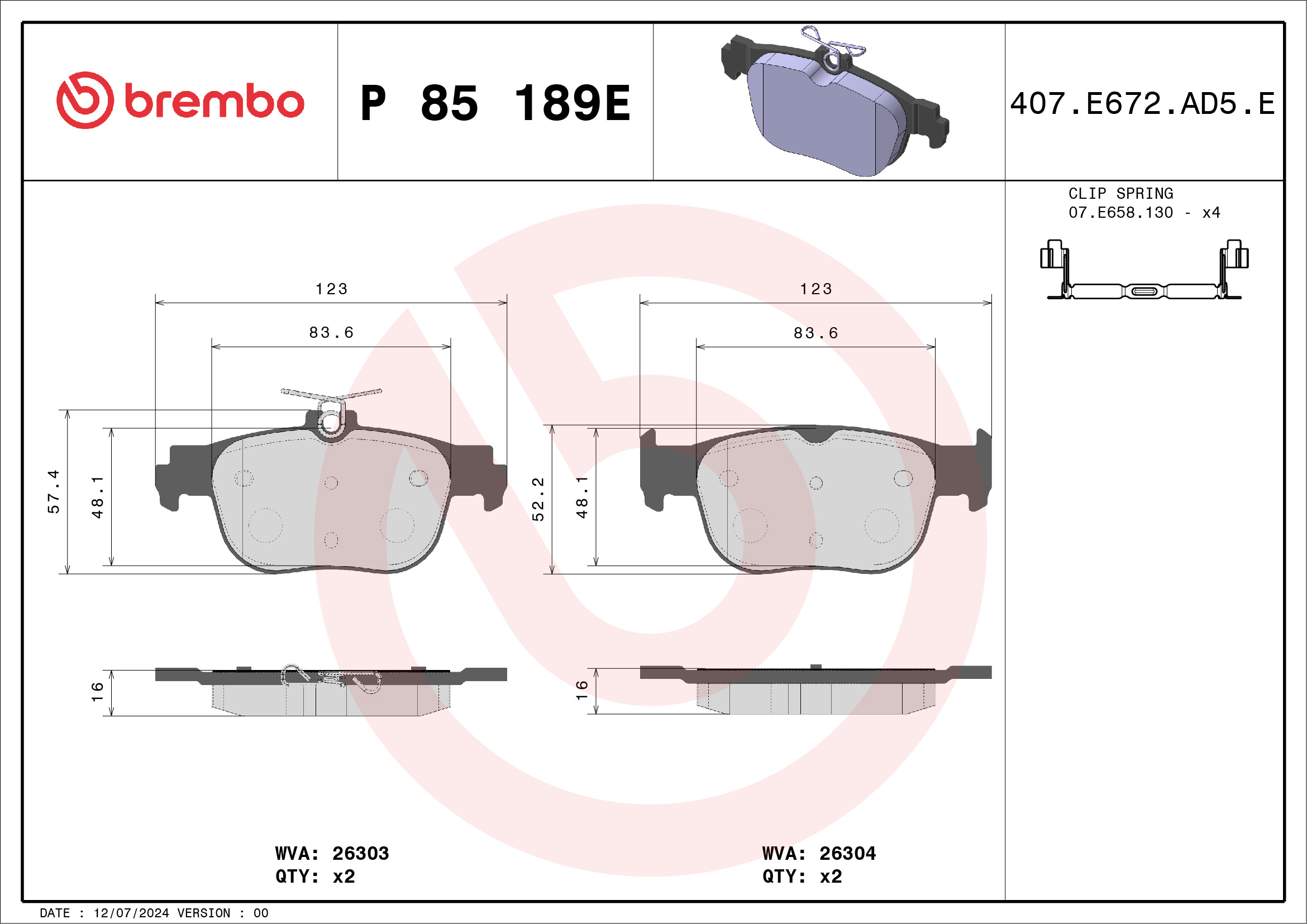 Jogo de 4 pastilhas de travão BREMBO ref. P 85 189E