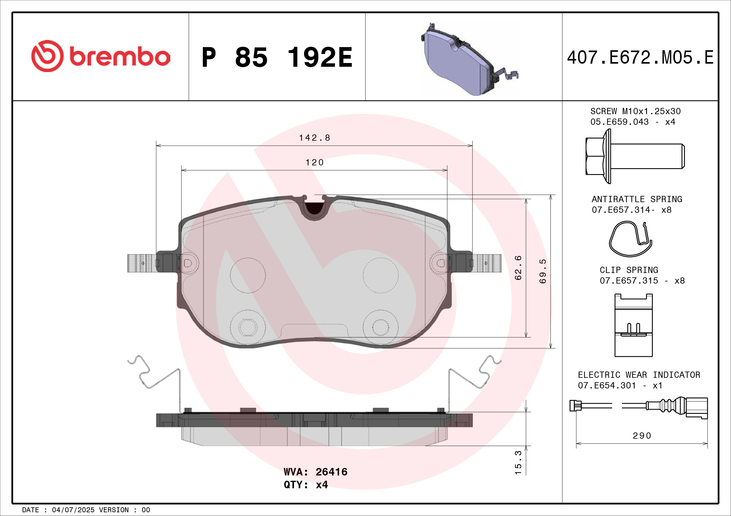 Jogo de 4 pastilhas de travão BREMBO ref. P 85 192E