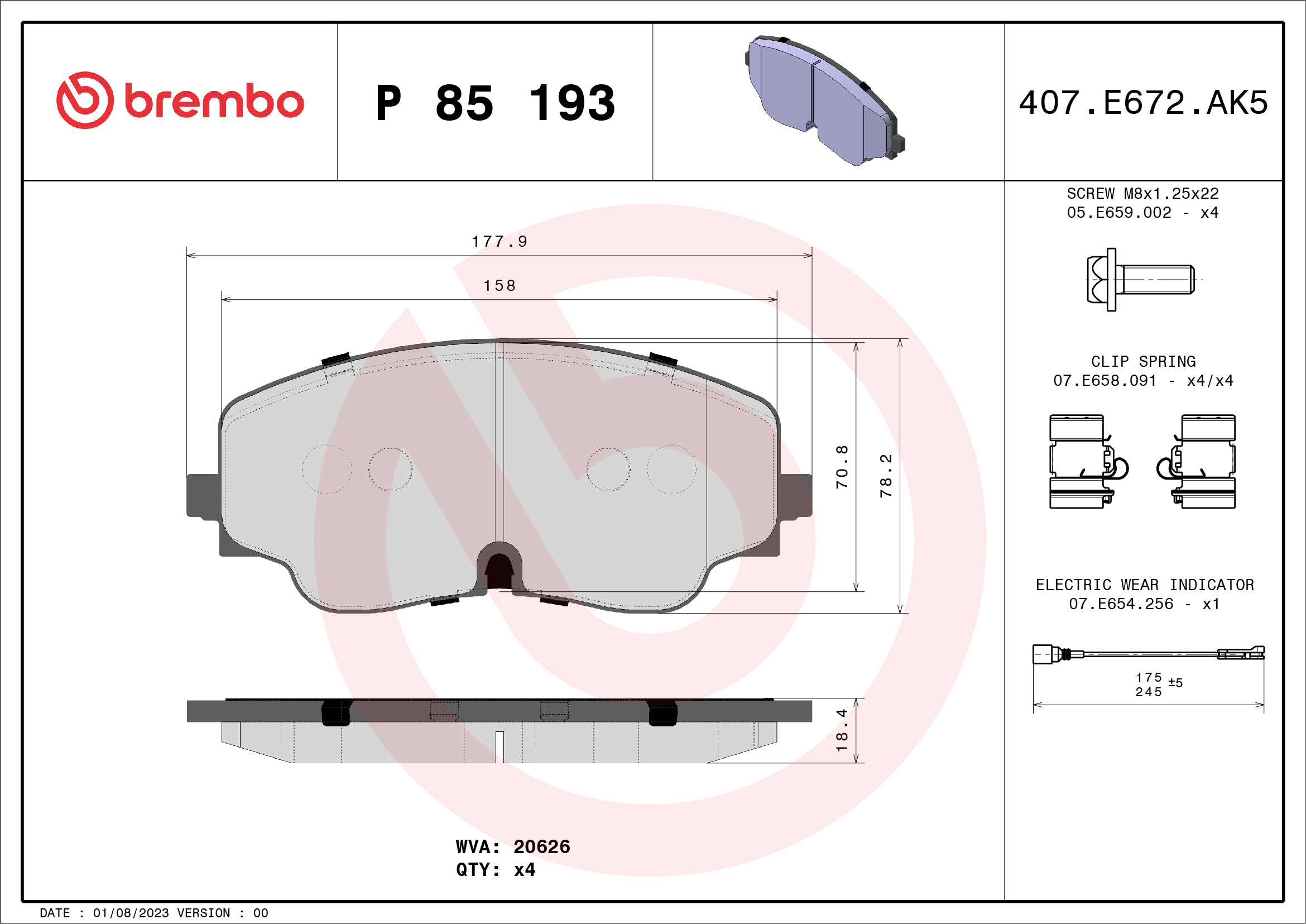 Jogo de 4 pastilhas de travão BREMBO ref. P 85 193