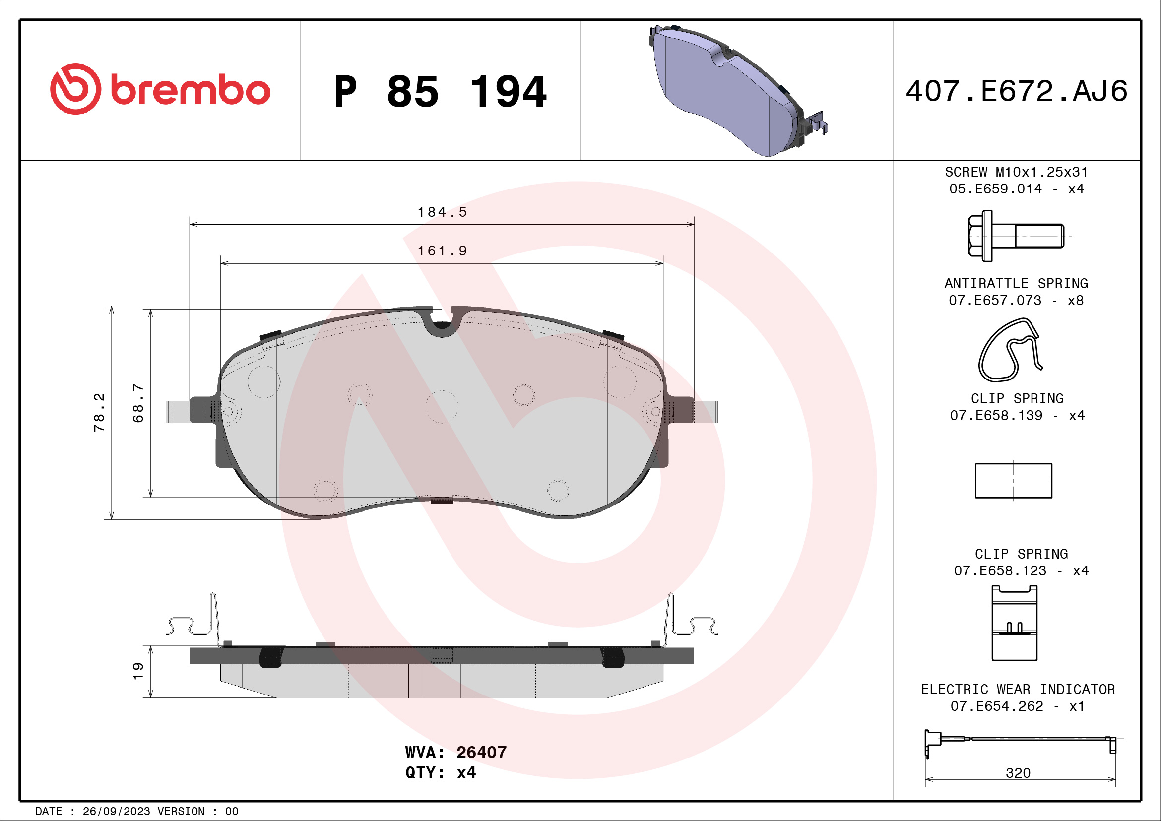 Jogo de 4 pastilhas de travão BREMBO ref. P 85 194