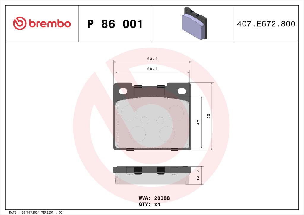 Jogo de 4 pastilhas de travão BREMBO ref. P 86 001